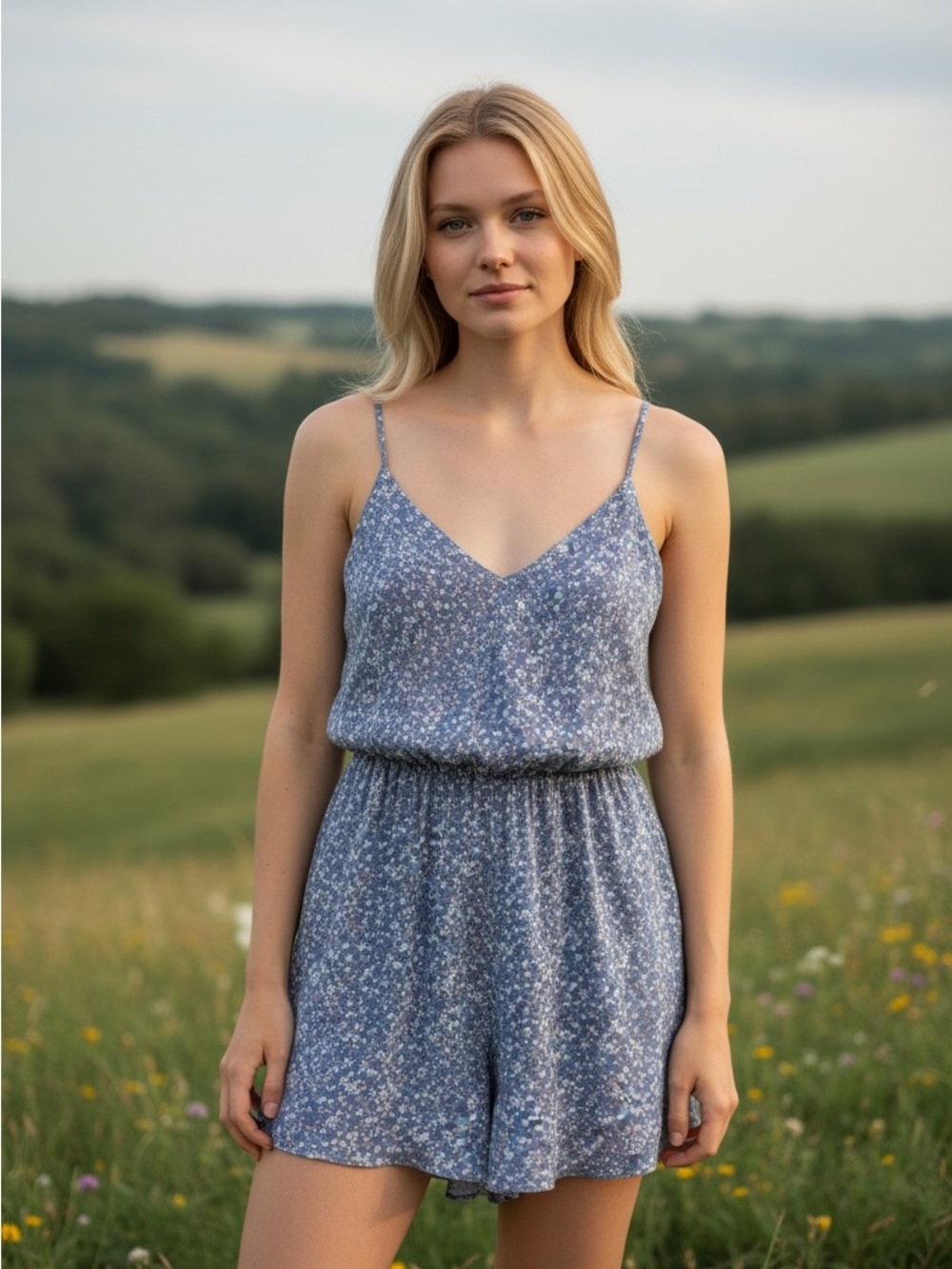 Blue Floral Cottagecore Delicate Feminine Girlhood Adjustable Strap Romper Sz L